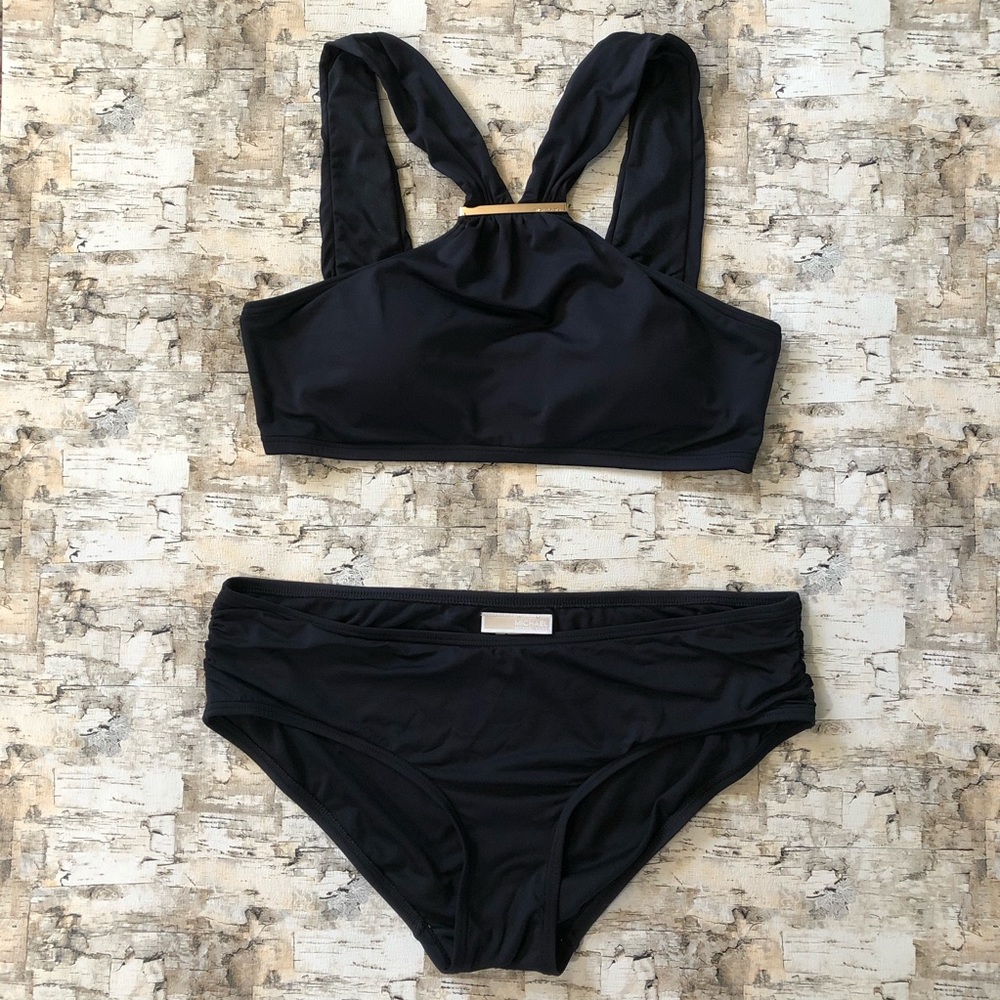 Michael Kors Black Gold Logo Bar Bikini Set M / L
